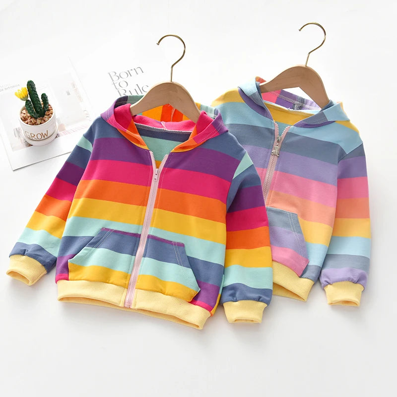 Girls Rainbow Stripe Hooded Jacket - Zipper Pocket Style