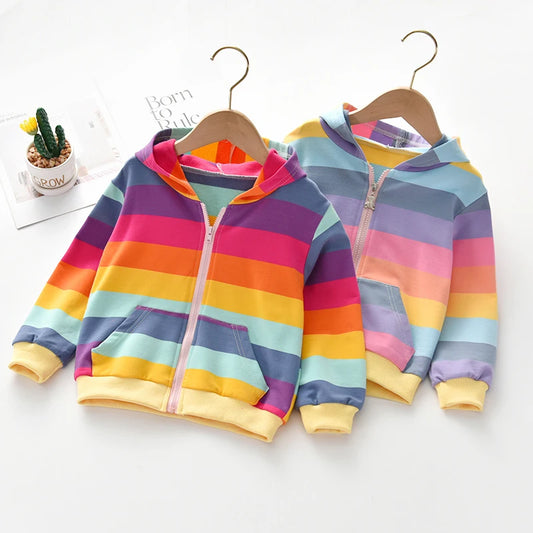 Girls Rainbow Stripe Hooded Jacket - Zipper Pocket Style