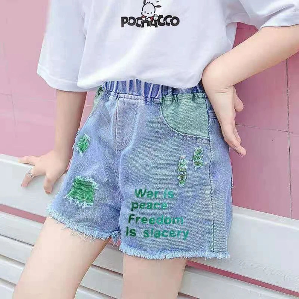 Girls High Waist Distressed Denim Shorts