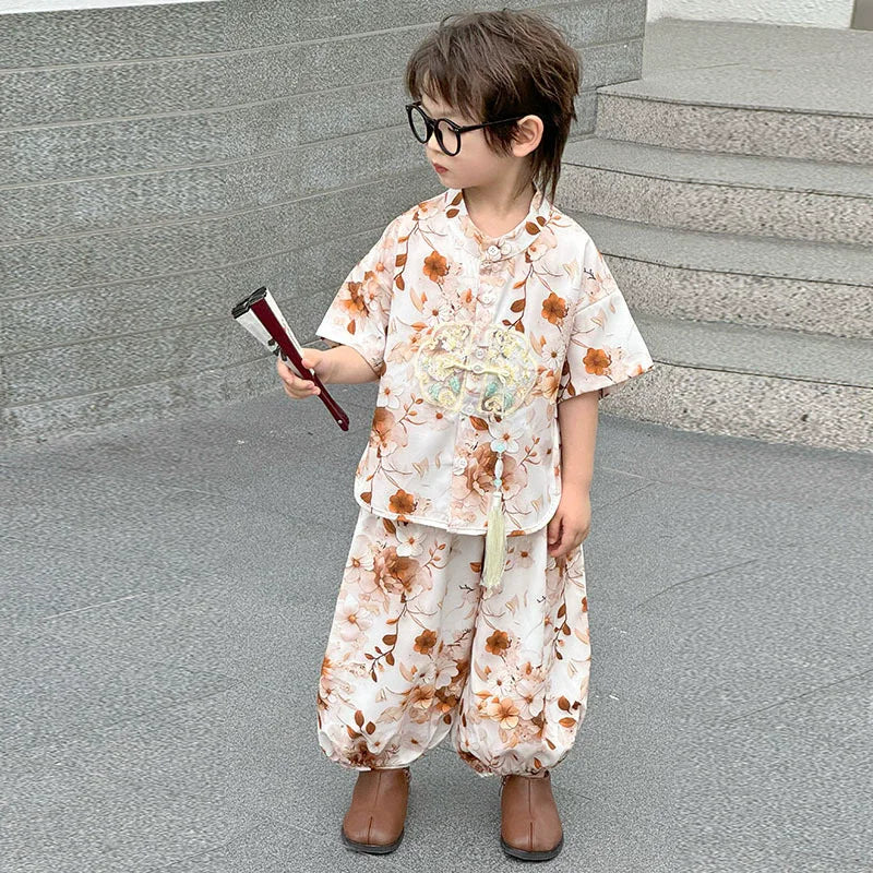 Boys Tang Style Hanfu Set - Short Sleeve Two-Piece Summer Outfit