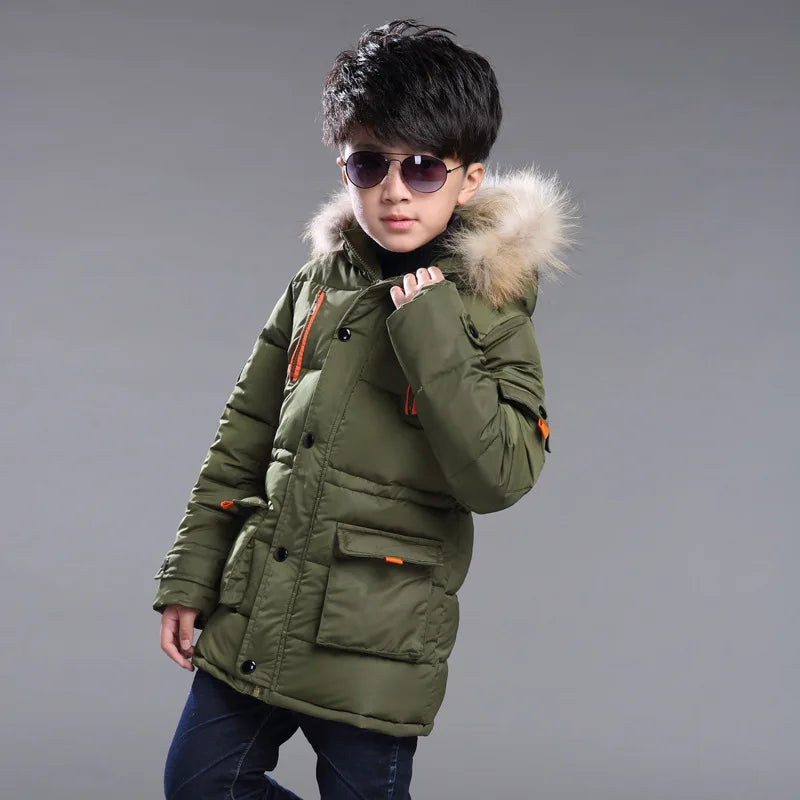 Kids Plush Hooded Padded Jacket - Medium Length Winter Coat