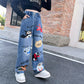 Girls Cartoon Print Elastic Waist Wide Leg Jeans