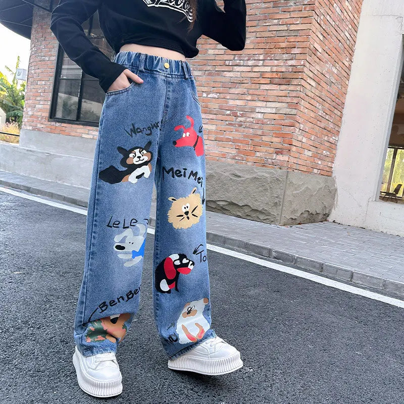 Girls Cartoon Print Elastic Waist Wide Leg Jeans