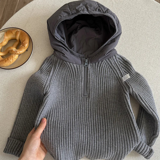Boys Half-Zip Hooded Knit Sweater - Autumn Winter Sweatshirt