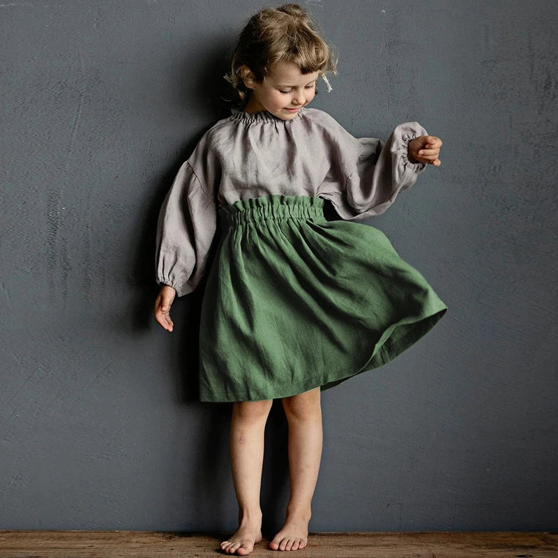 Girls Cotton Linen Elastic Waist Midi Skirt