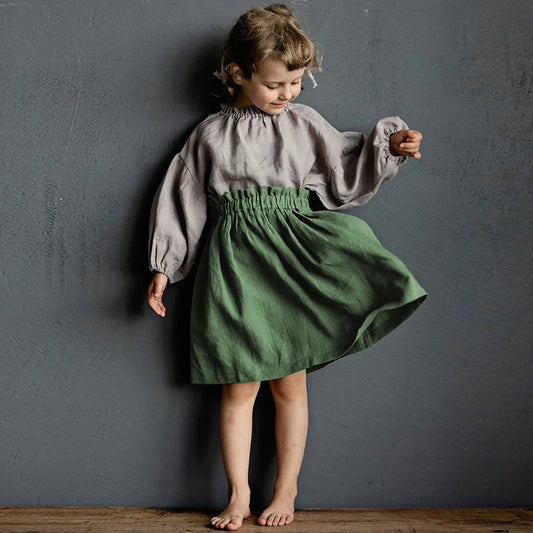Girls Cotton Linen Elastic Waist Midi Skirt