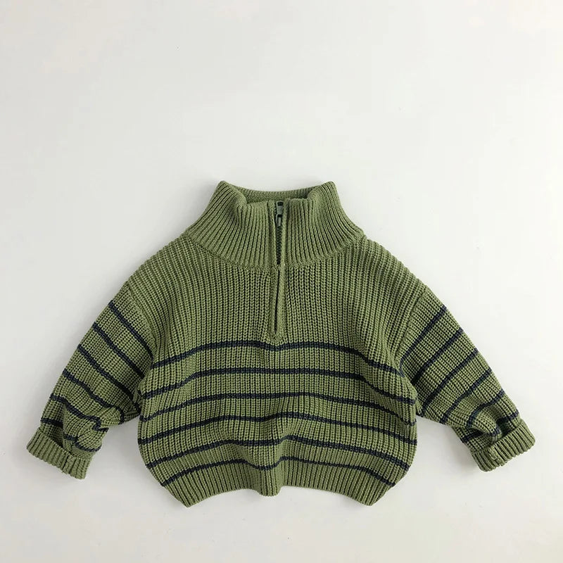 Kids Striped Half-Zip Pullover - Stand Collar Autumn Sweater