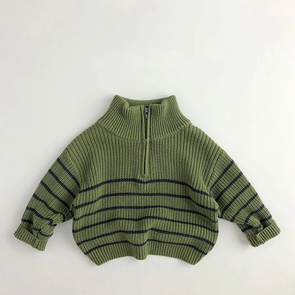 Kids Striped Half-Zip Pullover - Stand Collar Autumn Sweater