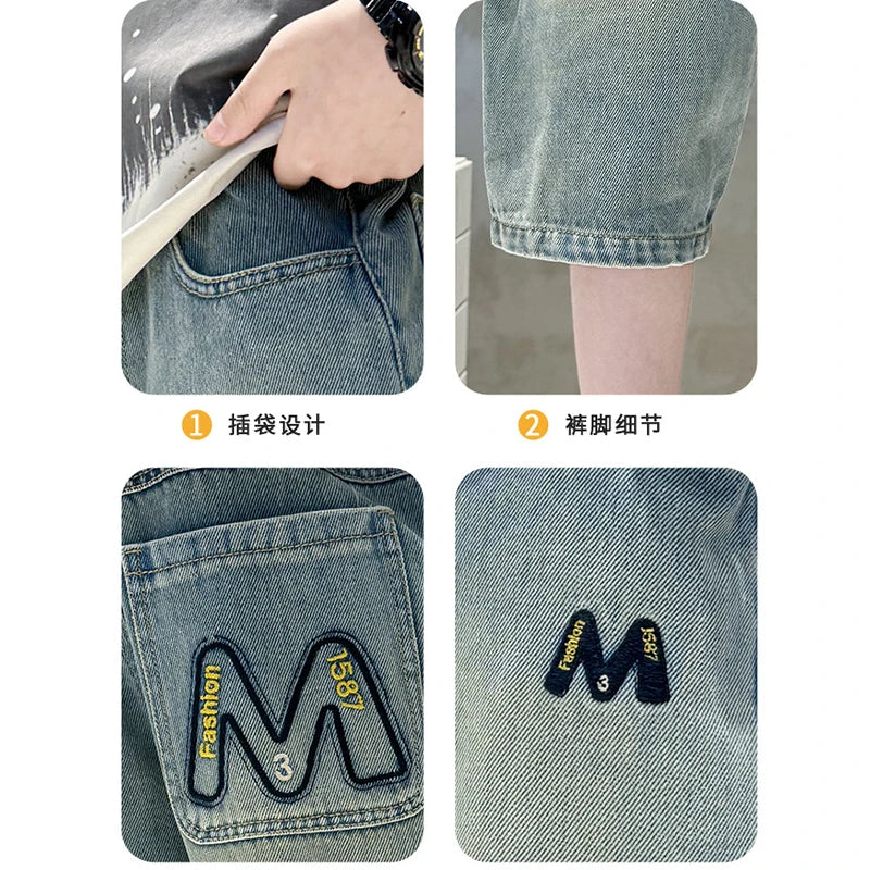 Teen Boys Embroidered Denim Shorts - Letter M Summer Style