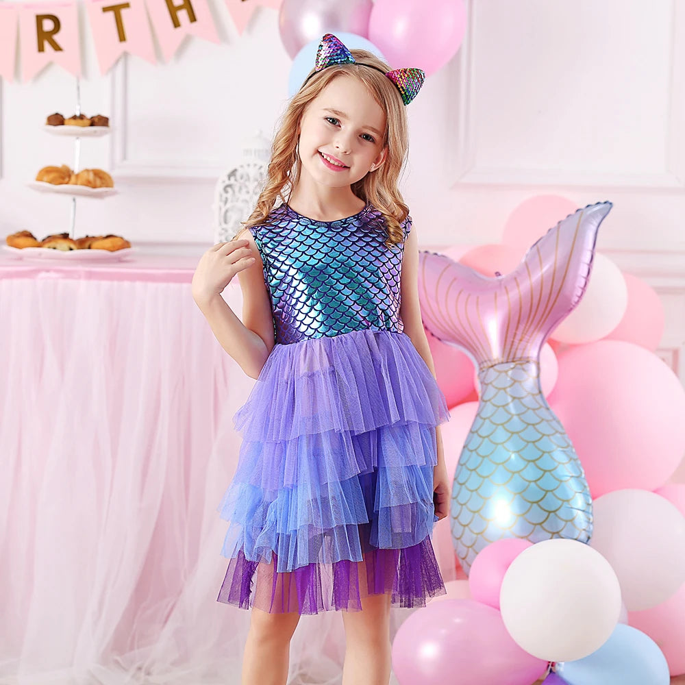 Girls Mermaid Print Sleeveless Tutu Dress - Summer Party