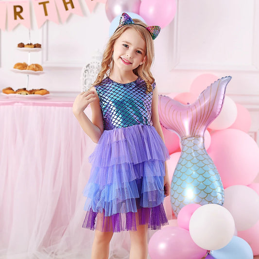 Girls Mermaid Print Sleeveless Tutu Dress - Summer Party