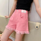Girls Elastic Waist Pink White Denim Shorts