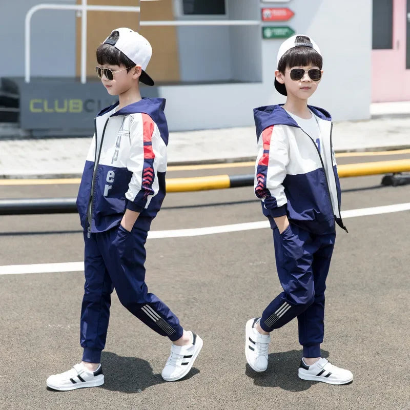 Teen Boys Hooded Tracksuit Set - Zipper Jacket and Striped Pants