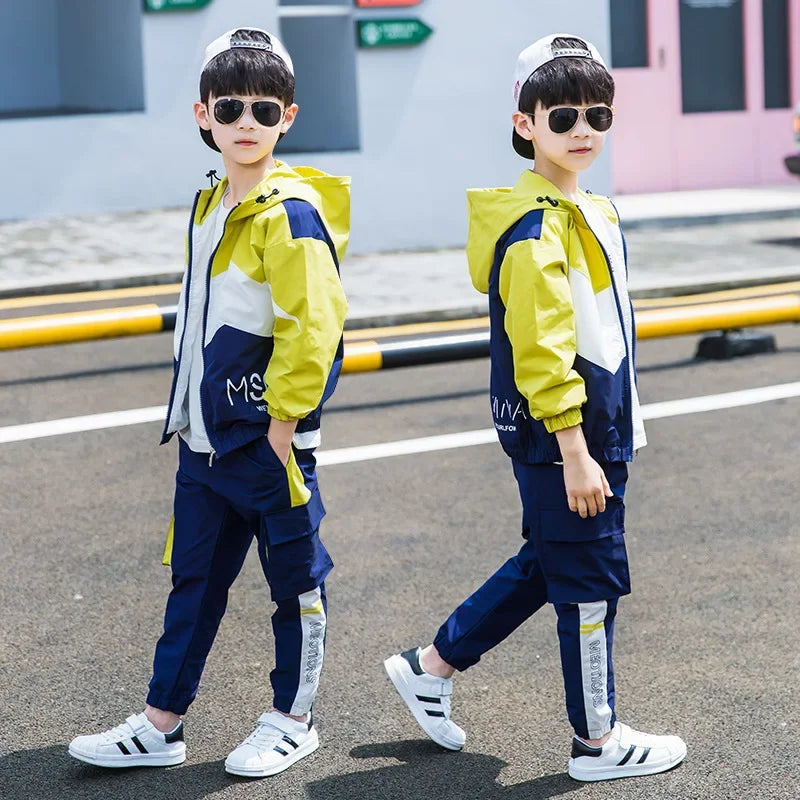 Teen Boys Hooded Tracksuit Set - Zipper Jacket and Striped Pants