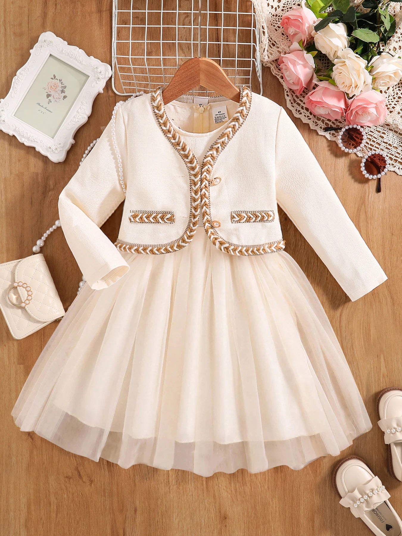 Girls White Autumn Princess Dress - Knee-Length Party Style