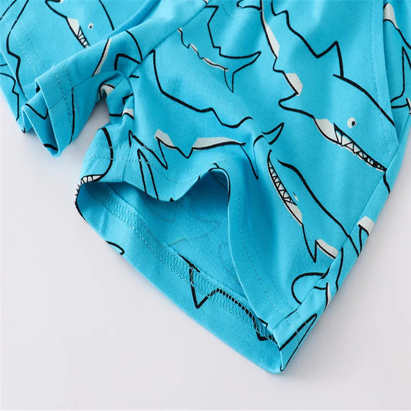 Kids Shark Print Drawstring Shorts - Cartoon Animal Summer Pant
