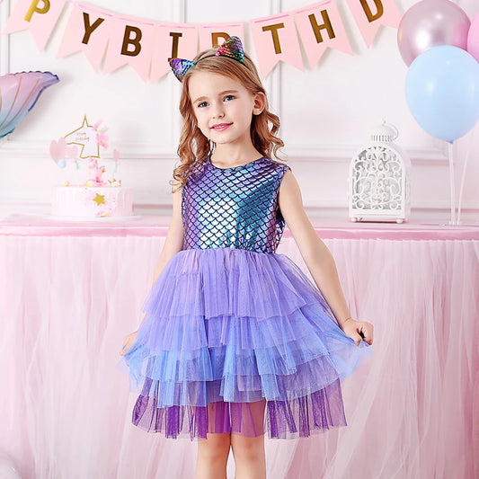 Girls Mermaid Print Sleeveless Tutu Dress - Summer Party