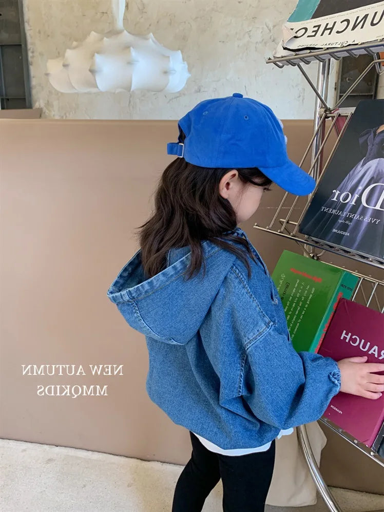 Girls Denim Hooded Jacket - Korean Zipper Coat