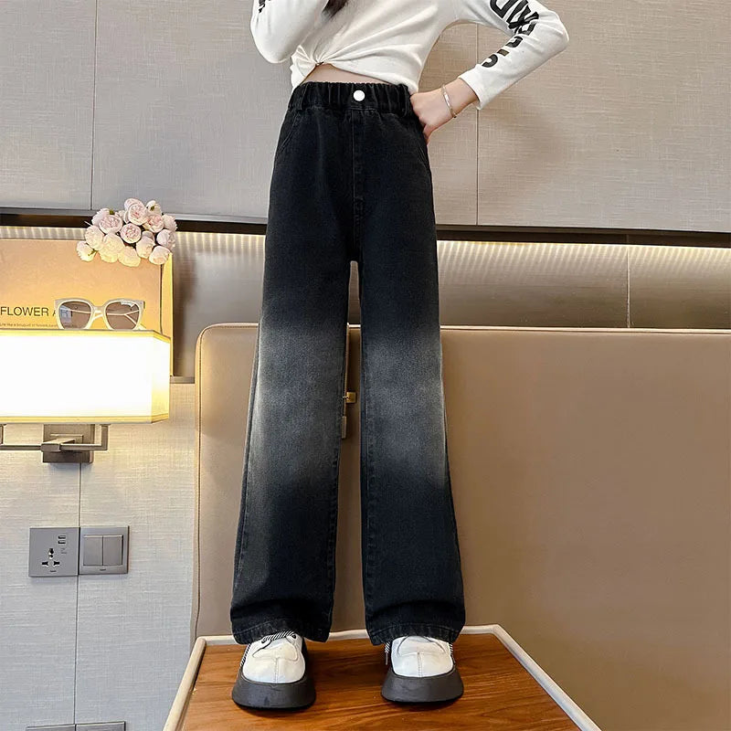 Girls Vintage Wide Leg Denim Pants - Solid Casual Trousers