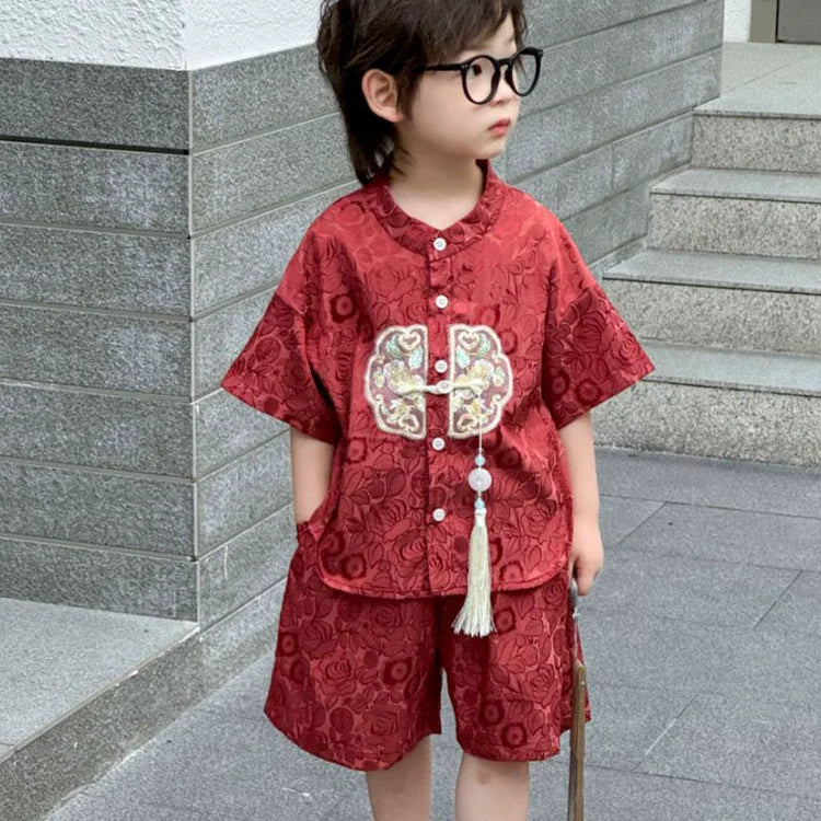 Boys Tang Style Hanfu Set - Short Sleeve Two-Piece Summer Outfit