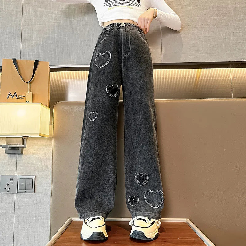Girls Love Edge Elastic Waist Jeans - Korean Style Denim Pants