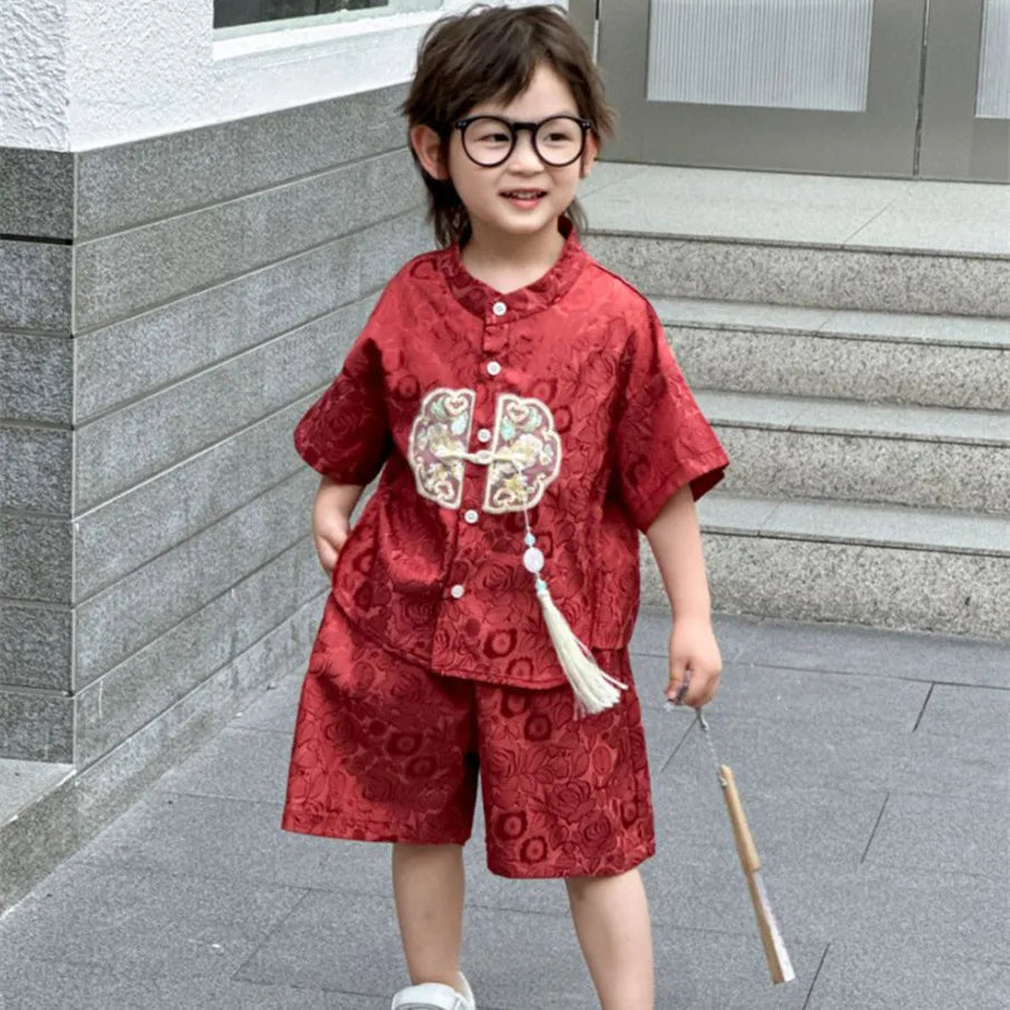 Boys Tang Style Hanfu Set - Short Sleeve Two-Piece Summer Outfit