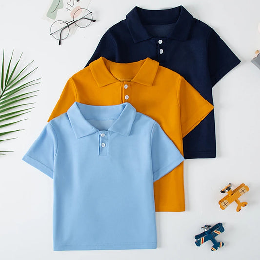 Kids Solid Color Polo Shirt Set - Short Sleeve Lapel Sports Top