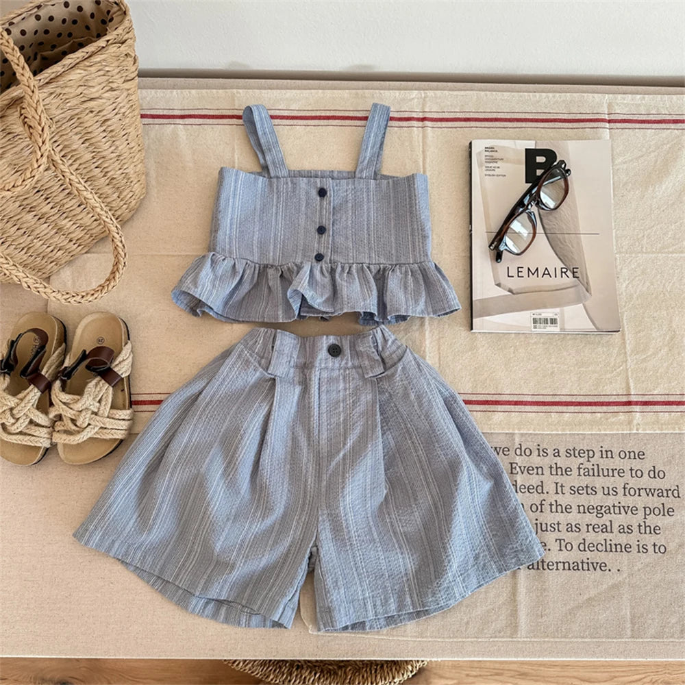 Girls Bubble Sleeve Shirt and Wide Leg Pants Set