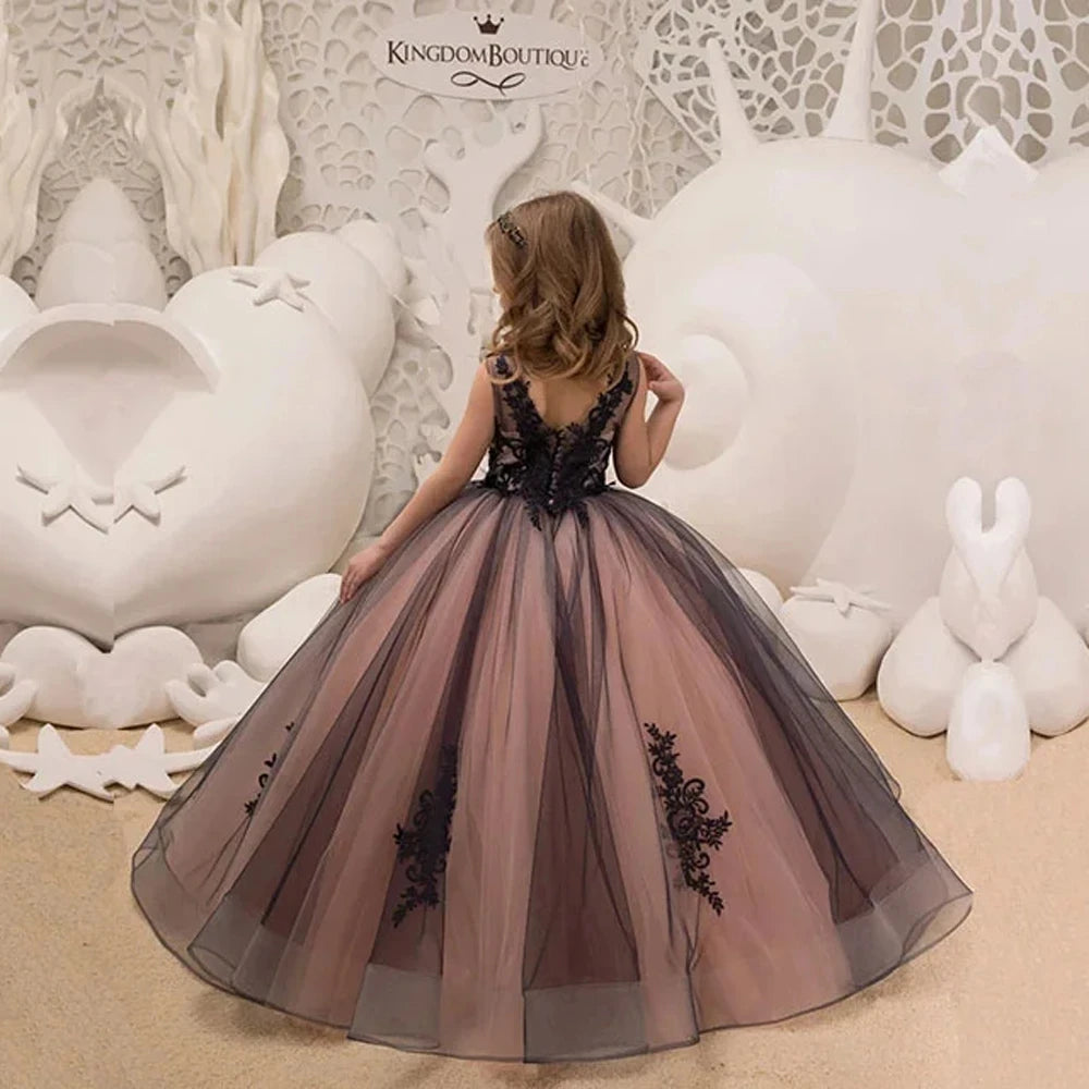 Girls Pink Floral Lace Floor-Length Gown - Flower Girl Dress