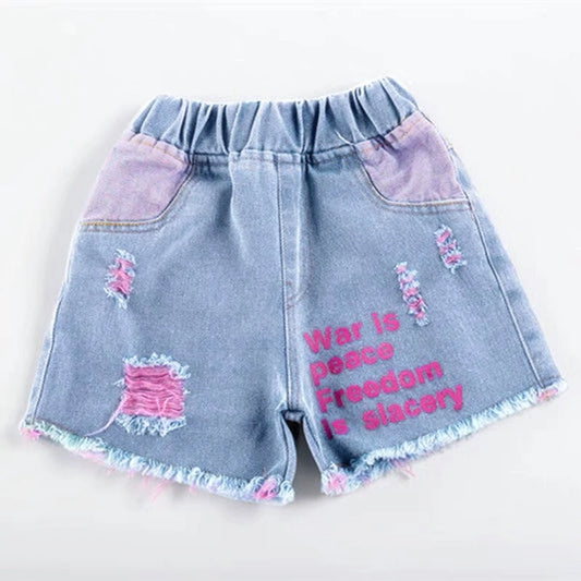 Girls High Waist Distressed Denim Shorts
