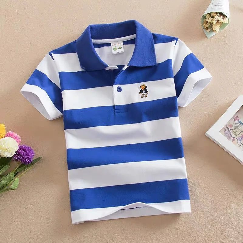 Boys Printed Polo Shirt - Cotton Blend Short Sleeve Lapel Top