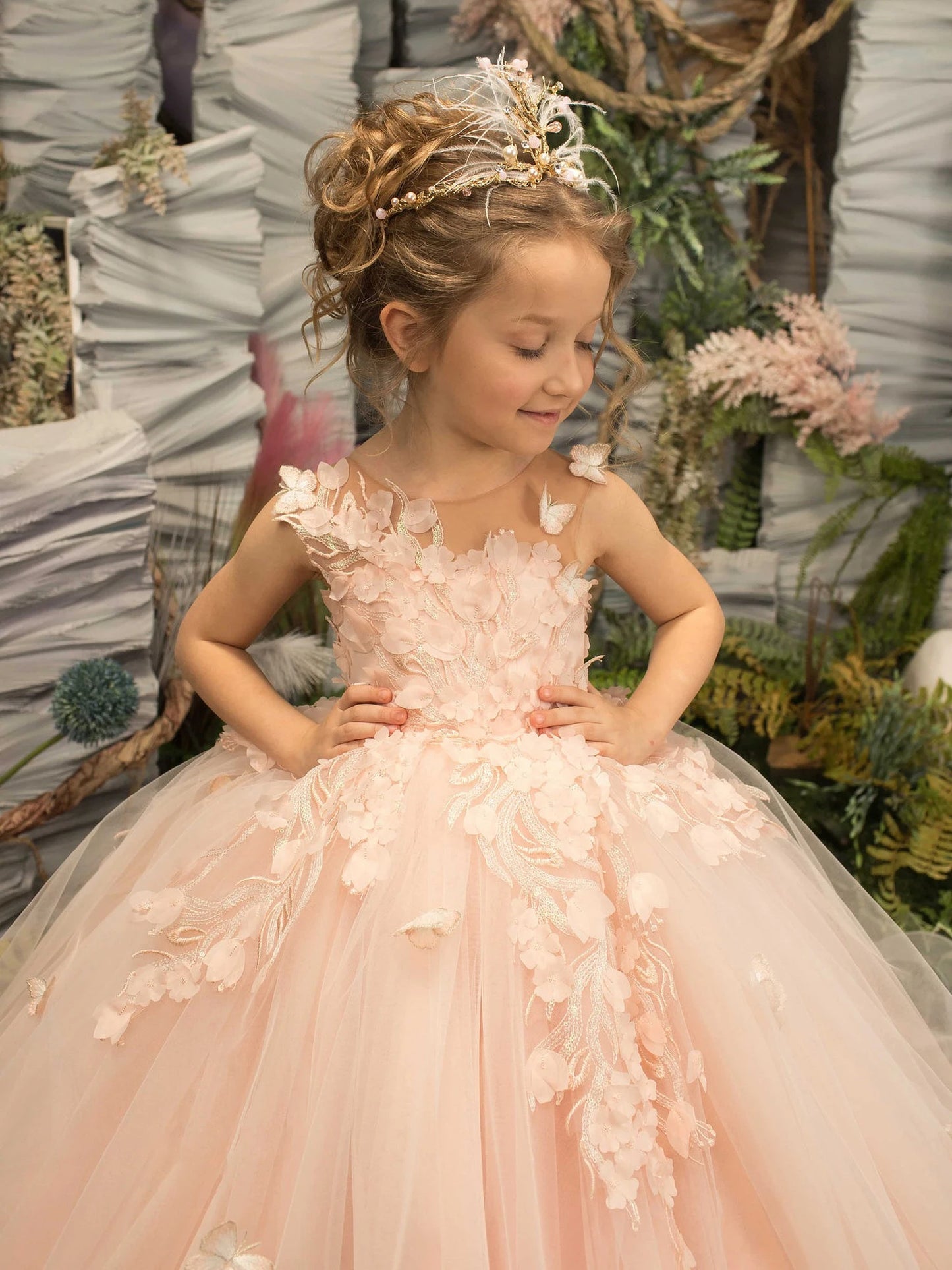 Girls Pink Floral Lace Floor-Length Gown - Flower Girl Dress