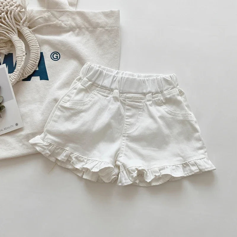 Girls Ruffled Trim Soft Denim Shorts