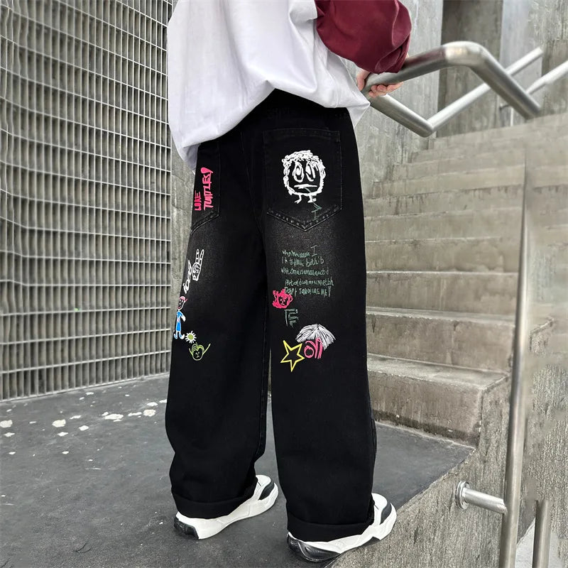 Boys Black Print Wide Leg Jeans - Washed Straight Denim Pants