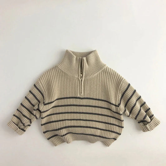 Kids Striped Half-Zip Pullover - Stand Collar Autumn Sweater