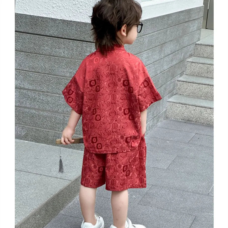 Boys Tang Style Hanfu Set - Short Sleeve Two-Piece Summer Outfit