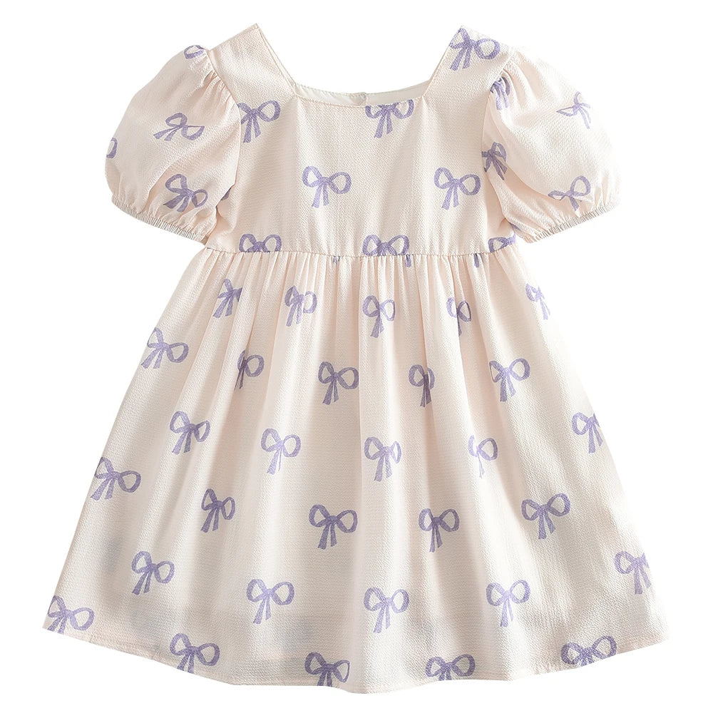 Girls Puff Sleeve Bow Print Princess Dress - Square Collar