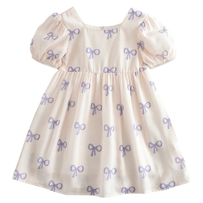 Girls Puff Sleeve Bow Print Princess Dress - Square Collar