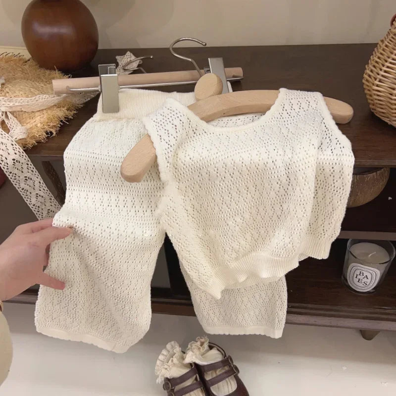Girls Knitted Vest Wide Leg Pants Set - Breathable Summer Style