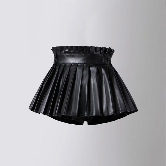 Girls High Waist Pleated PU Leather Mini Skirt