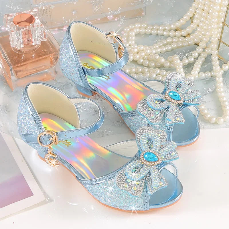 Girls Rhinestone Bow Heel Sandals for Parties