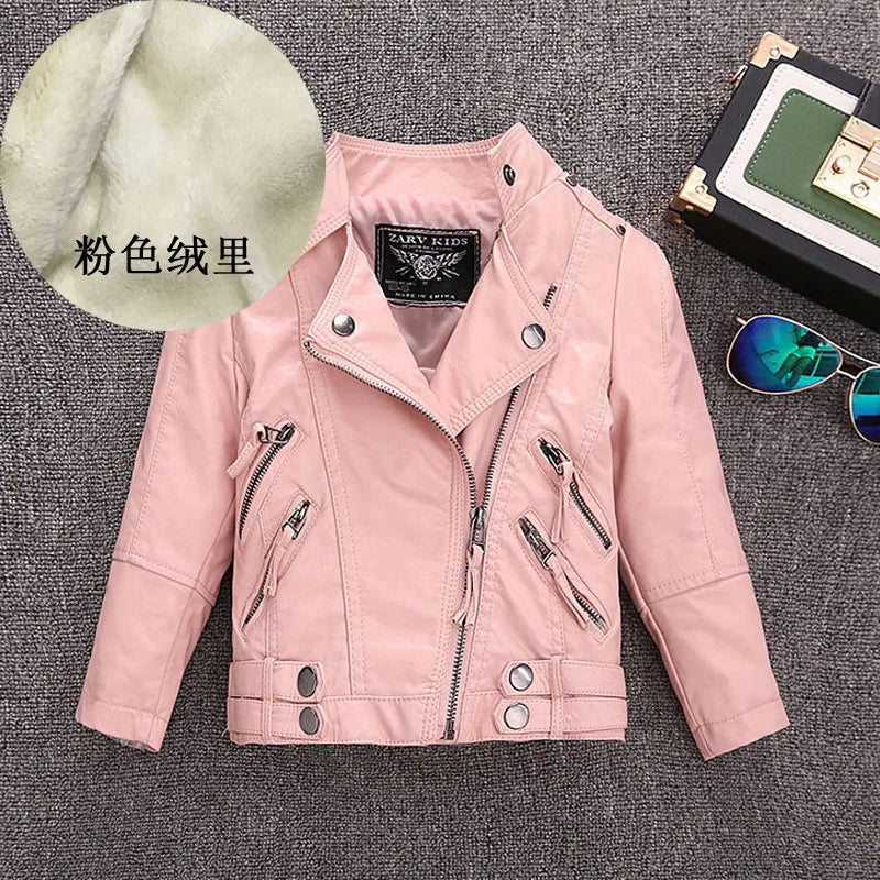 Girls Faux Leather Zip Jacket - Belted Biker Style