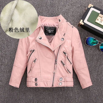 Girls Faux Leather Zip Jacket - Belted Biker Style