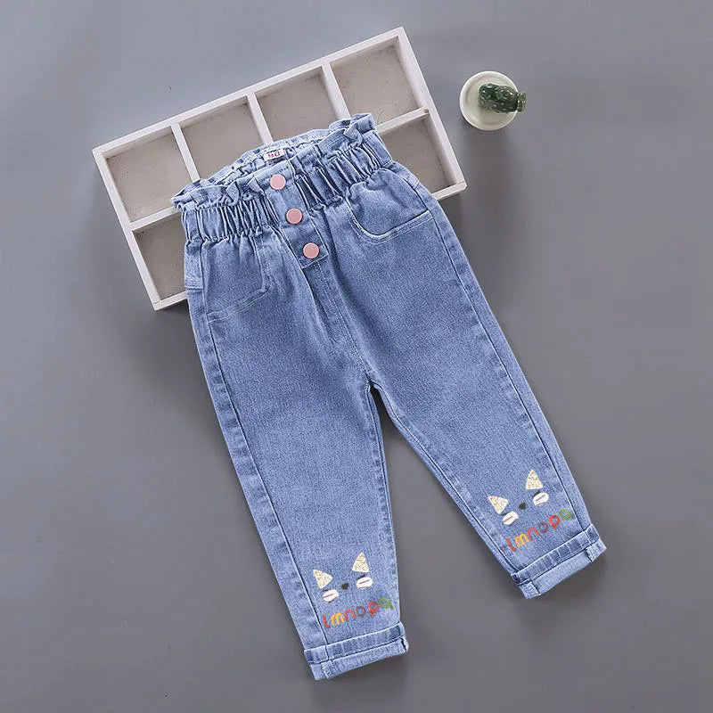 Girls Floral Graffiti Denim Pants - Cartoon Casual Jeans