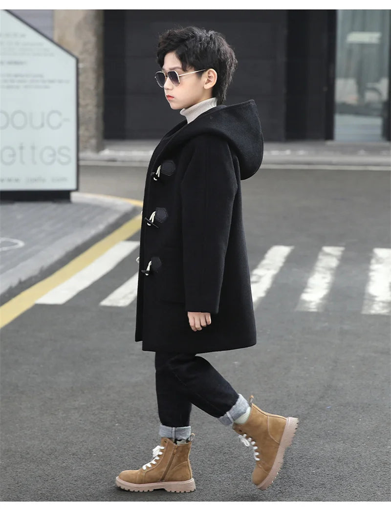 Boys Hooded Wool Coat - Single Breasted Winter Parka