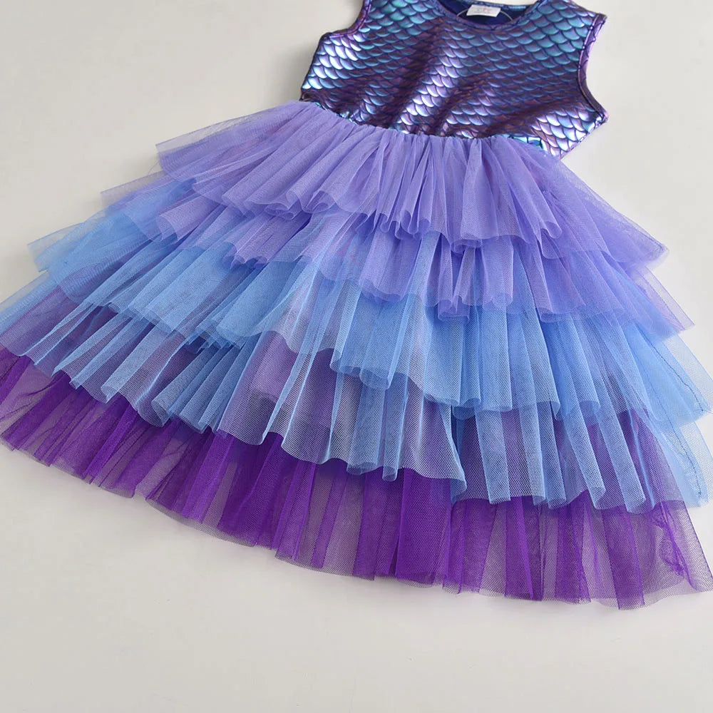Girls Mermaid Print Sleeveless Tutu Dress - Summer Party