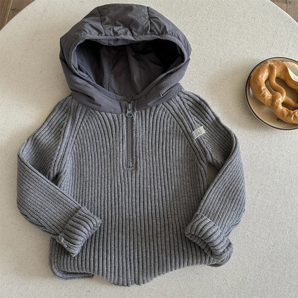Boys Half-Zip Hooded Knit Sweater - Autumn Winter Sweatshirt