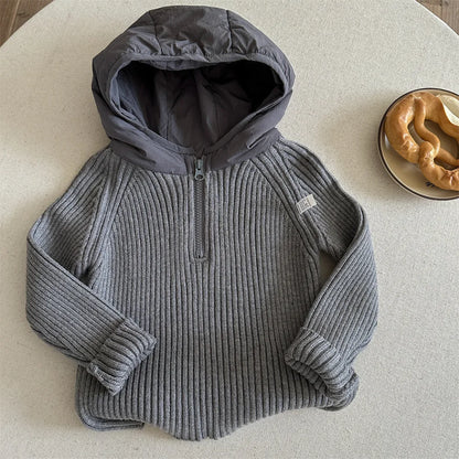 Boys Half-Zip Hooded Knit Sweater - Autumn Winter Sweatshirt