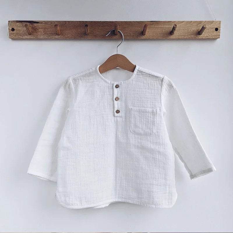 Boys Cotton Muslin Long Sleeve T-Shirt - Soft Pocket Round Neck Top