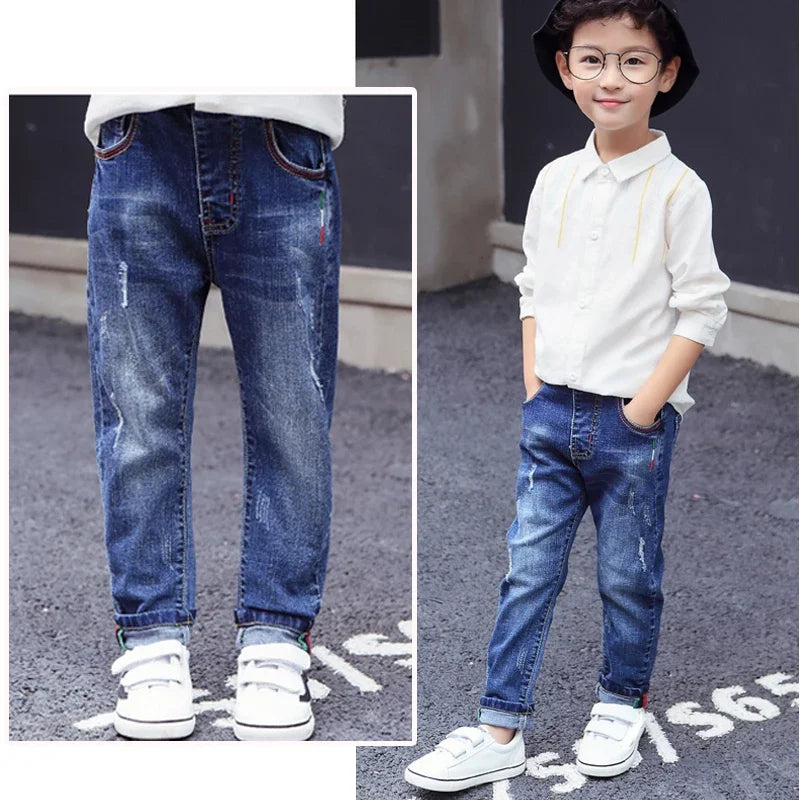 Kids Skinny Denim Trousers - Elastic Waist Sports Bottoms